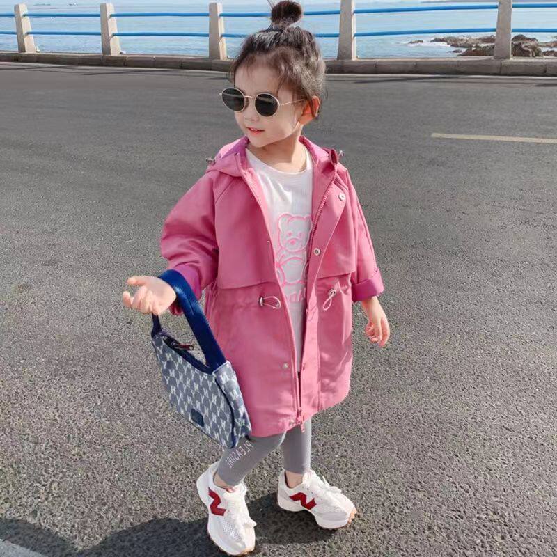 여자 봄 의류 2024 새로운 어린이 한국 스타일 재킷 어린이 중간 길이 윈드 브레이커 재킷  유행 코트 스커트