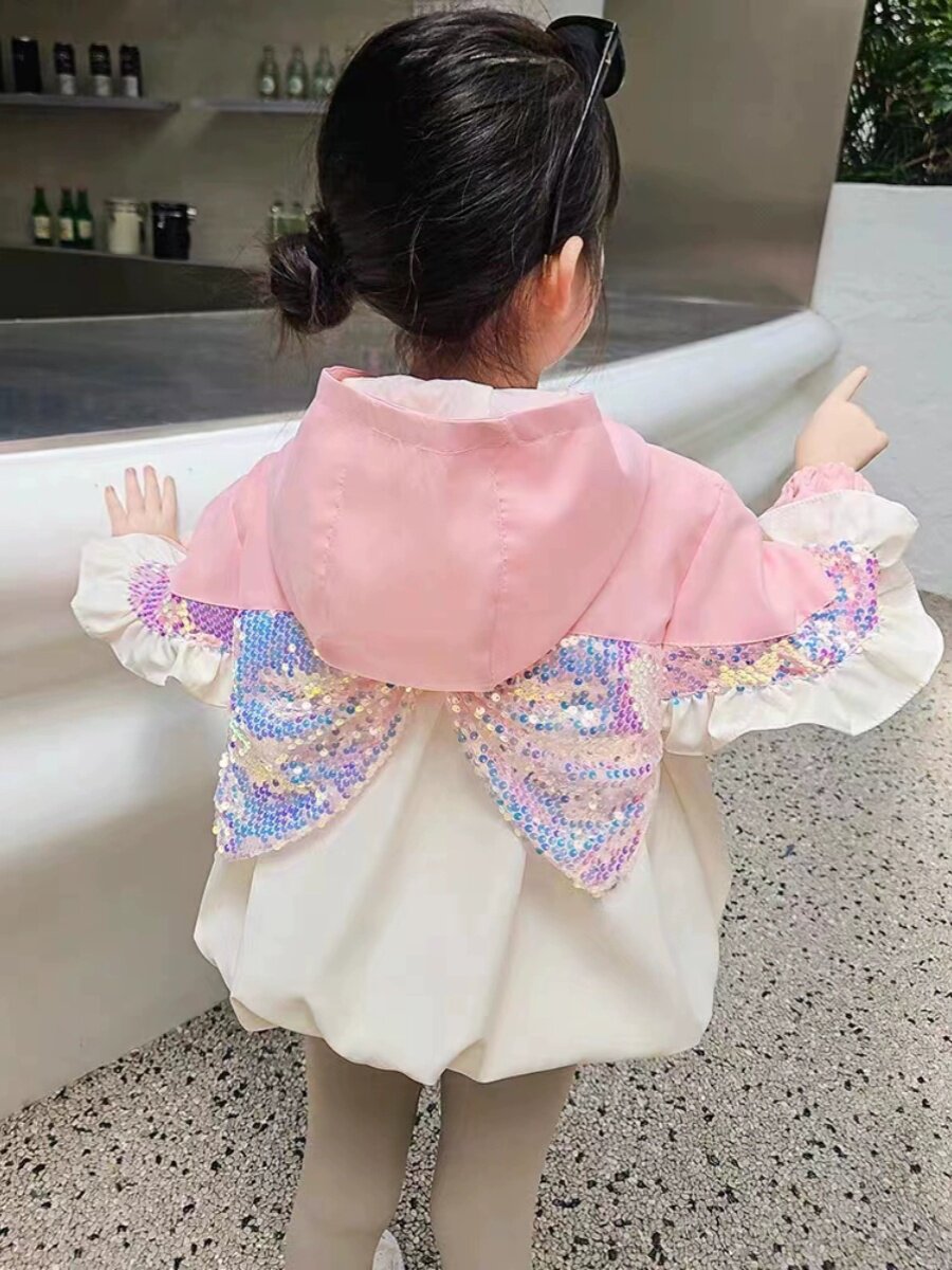 여아 코트 봄 가을 2024 새로운 가을 스타일 유행  윈드 스팽글 어린이 후드 캐주얼