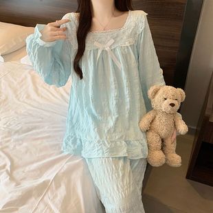 新款 蓝色纯色秋季 韩版 云朵棉甜美舒适睡衣女套装 家居服 长袖 长裤