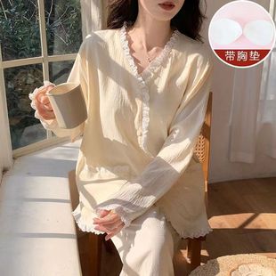 韩版 爆款 开衫 秋季 甜美带固定胸垫家居服 休闲舒适花边睡衣女套装