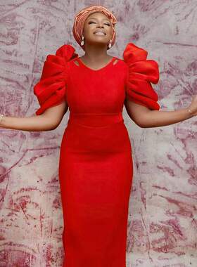 Pile Sleeve Party Dress设计感堆堆袖镂空V领大码派对红色礼服裙