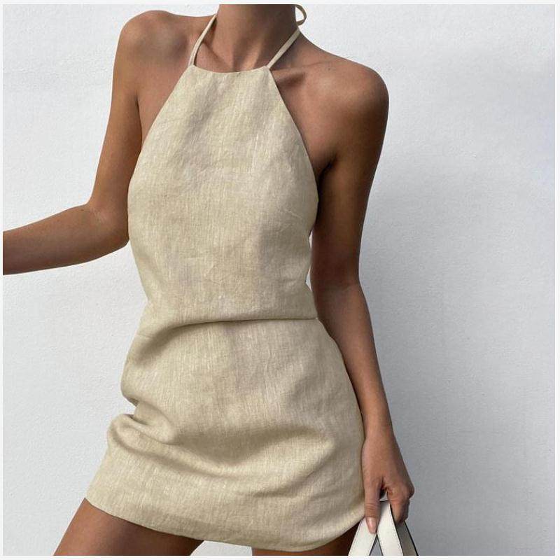 Cotton sling dress欧美性感纯色棉麻挂脖系带露背高腰短裙连衣裙