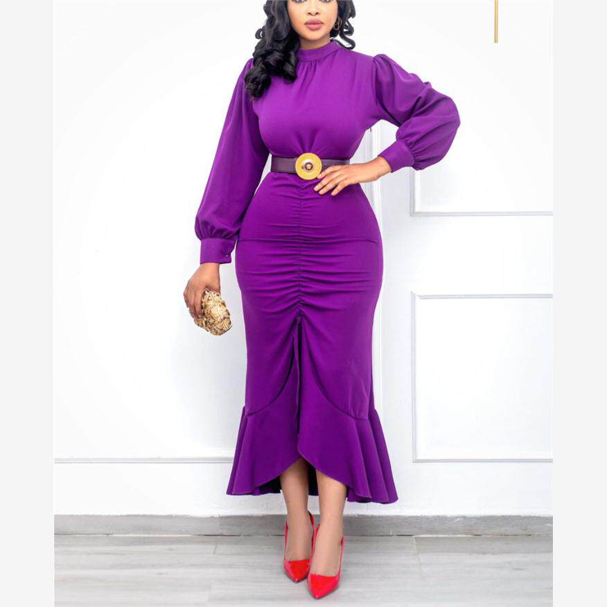 Lantern Sleeve Irregular Dress 欧美灯笼长袖不规则鱼尾连衣裙