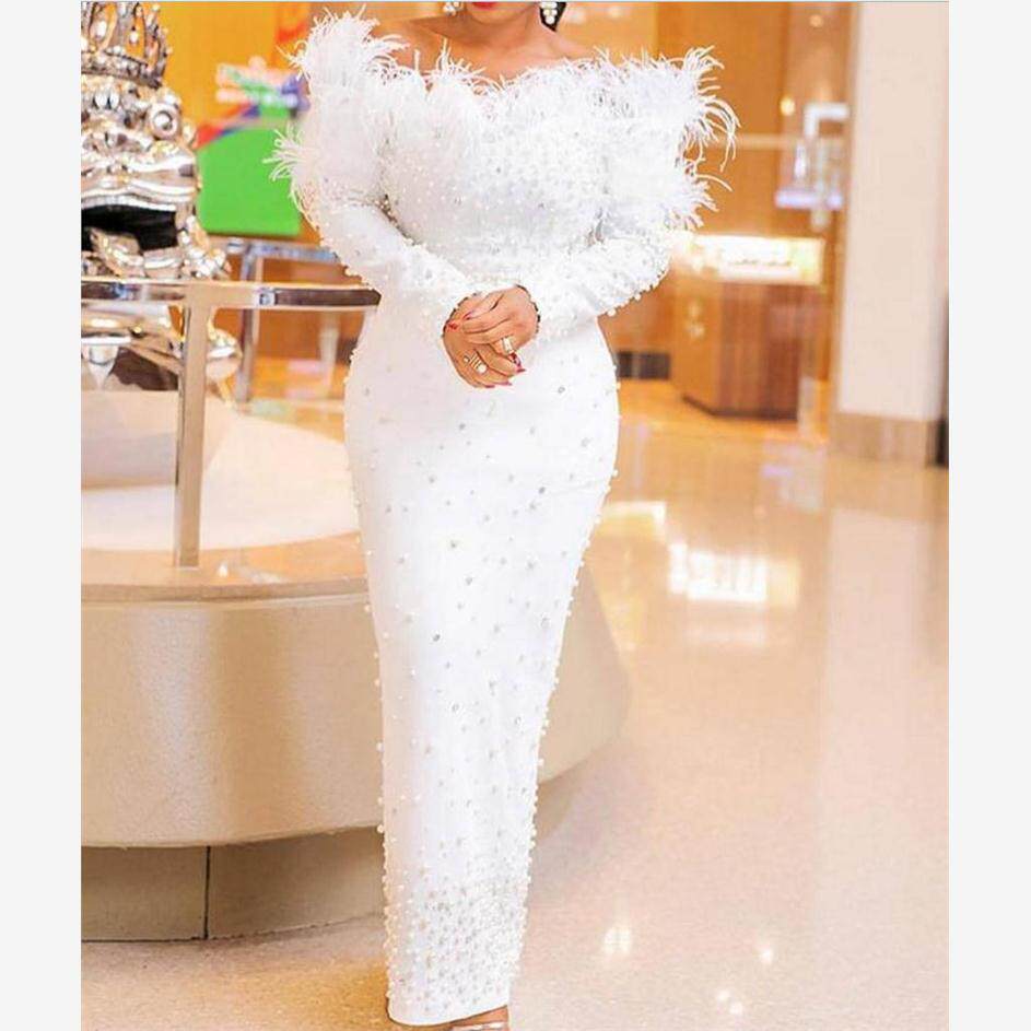 Beaded Feather Dress 欧美性感露肩钉珠长袖羽毛边派对礼服长裙