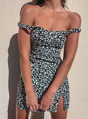 Off Shoulder Floral Print Slit Dress绿色一字肩碎花紧身连衣裙