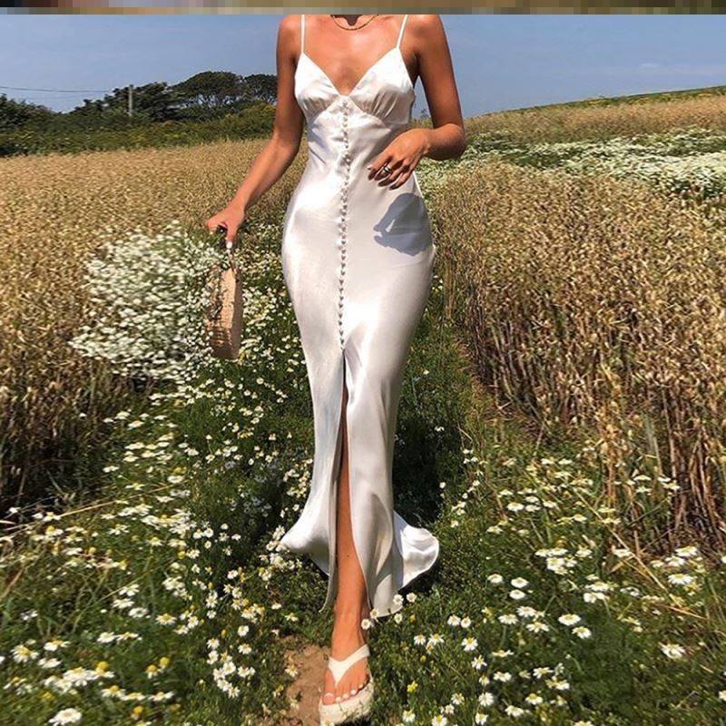 Satin long Dress性感吊带连衣裙V领缎面露背开叉女人度假长裙夏