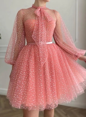 Tie Neck Lantern Sleeve Mesh Prom Dress波点网纱系带连衣裙女