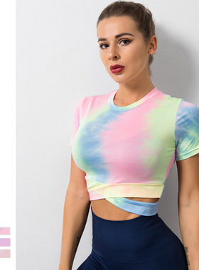 Tie Dye Yoga Cropped T Shirts Women Ice Silk Sports Fitness