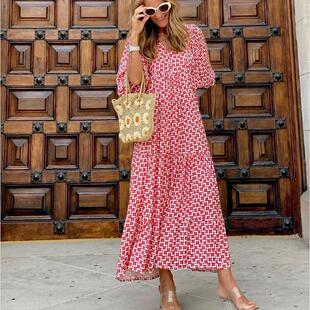 速卖通波西米亚夏季 连衣裙长裙度假海边 V领系带朵印花宽松灯笼袖