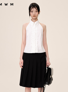 【WMWM】设计师高级流行简约智性学院感复古挂脖露背透⽓棉衬衫女