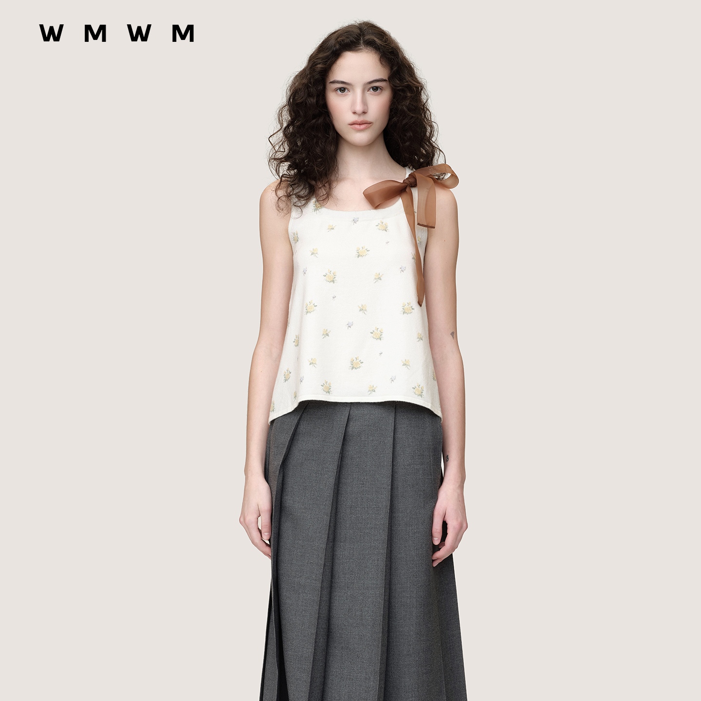 WMWM印花蝴蝶结系带抽褶针织背心