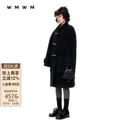 【WMWM】休闲设计感时尚直筒学院感时尚金属扣牛角扣长大衣外套女