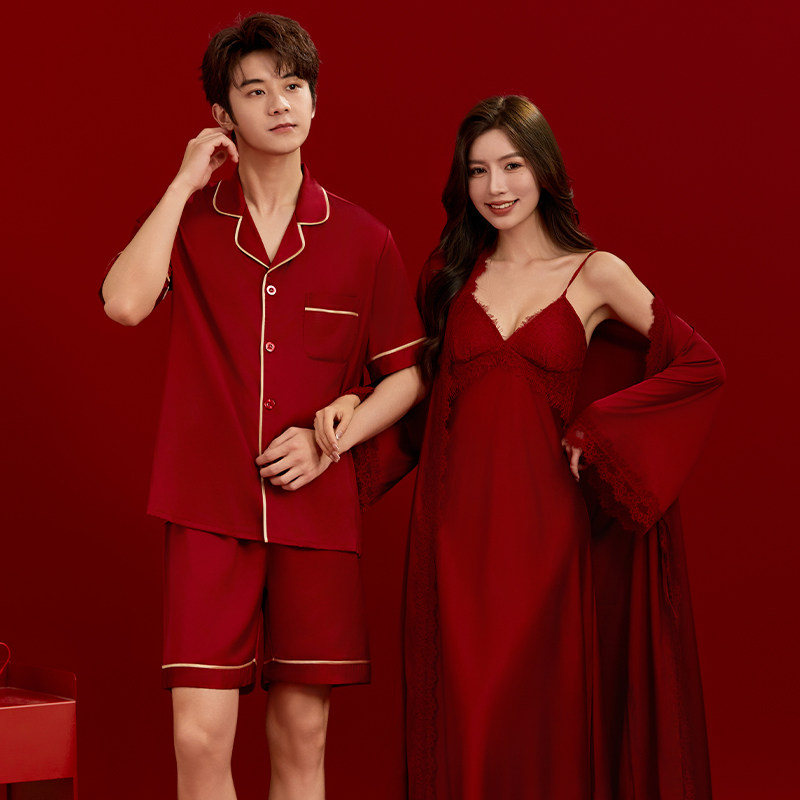 夏季冰丝红色新人睡衣结婚新婚情侣套装一男一女新娘晨袍吊带睡裙