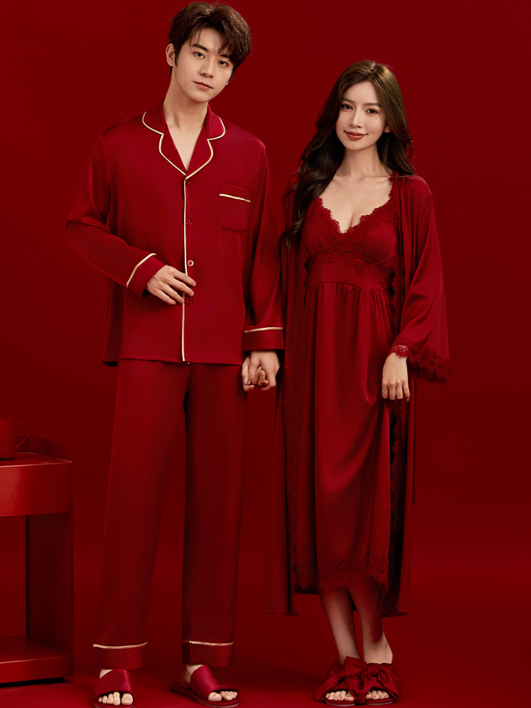 红色晨袍长裙女新娘春秋季2025新款结婚新婚情侣睡衣男家居服套装