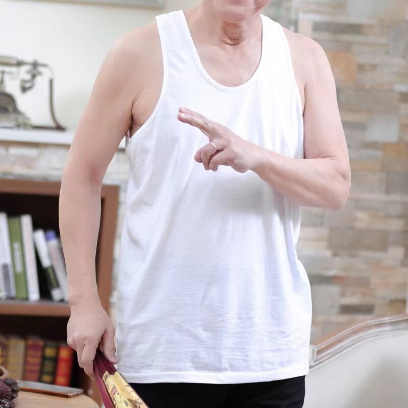 中老年夏季纯色背心汗衫大码宽松无袖爸爸装吊带老头棉衫透气薄款