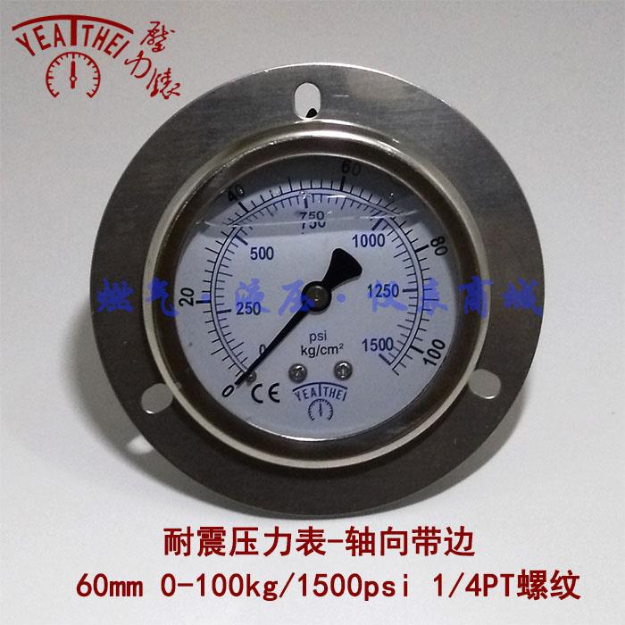 耐震轴向带边框压力表 60mm 0-100kg/cm2/1500psi 1/4pt牙 充油式