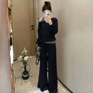 洋气斜肩假两件卫衣休闲裤 女士早秋新款 减 套装 MONLOUVE小个子时尚