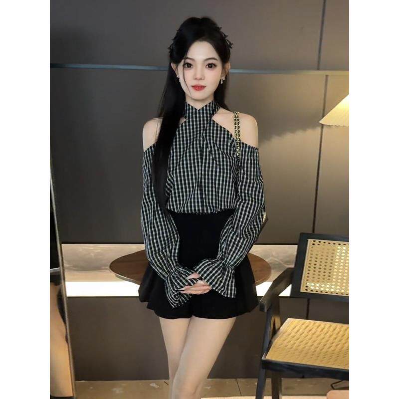 MONLOUVE小个子早秋穿搭一整套2025新款法式挂脖条纹格子衬衫半身