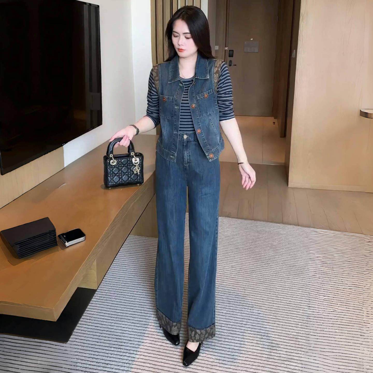 MONLOUVE时尚休闲牛仔套装女秋季新款洋气显瘦马甲阔腿裤小个子百