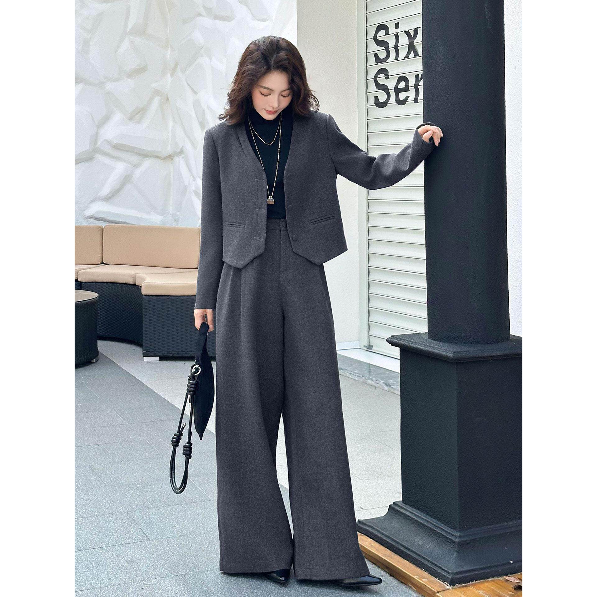 MONLOUVE小香风时尚套装女士秋装新款气质长袖西装上衣阔腿裤巨好