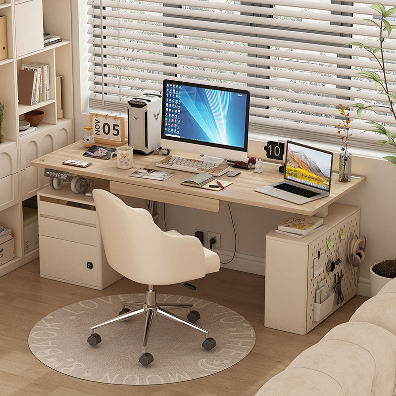 智能电动升降桌家用实木自动可调节工作台书桌柜子收纳办公电脑桌