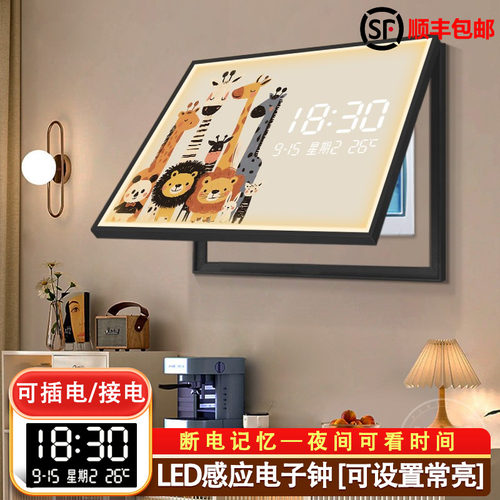 卡通动物电表箱装饰画带钟表2025款灯光餐客厅免打孔配电遮挡挂画