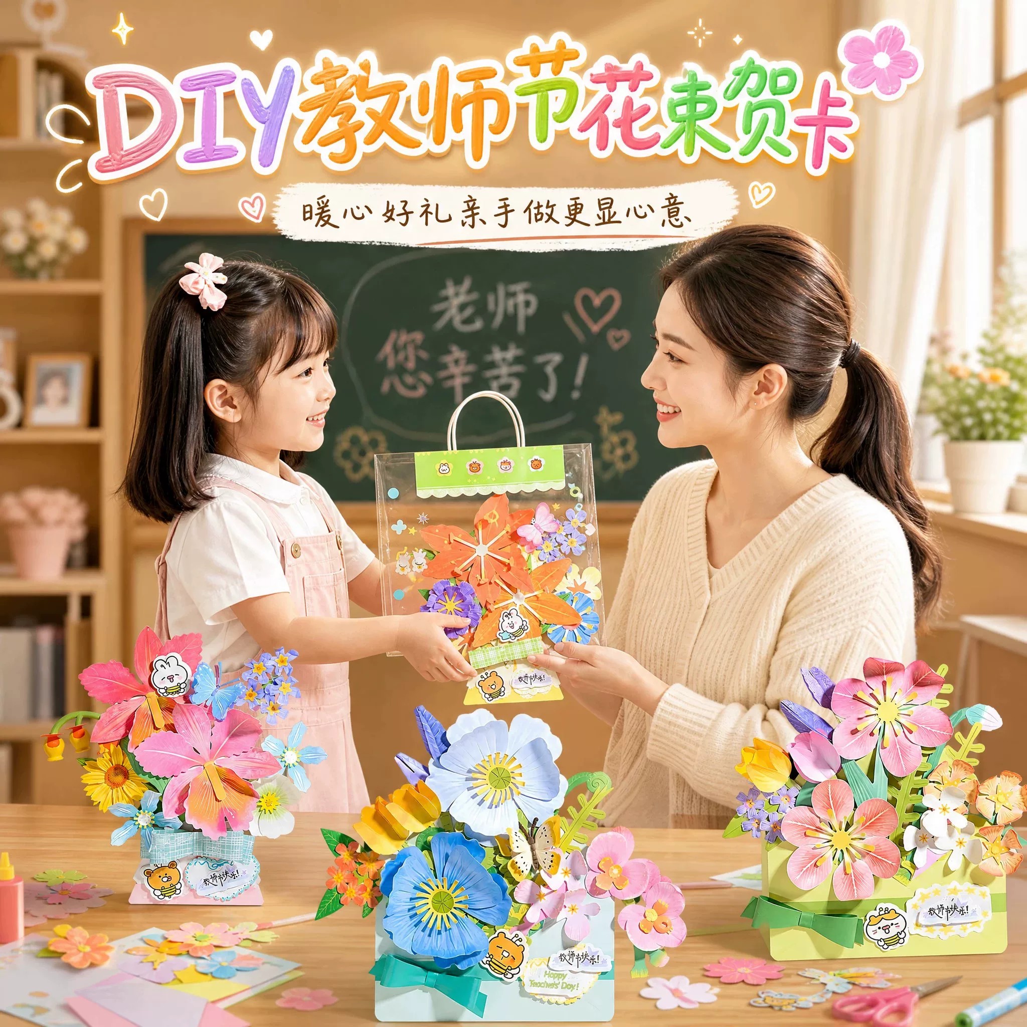 教师节礼物送女老师26新款幼儿园小学生手工制作diy花束贺卡材料图片