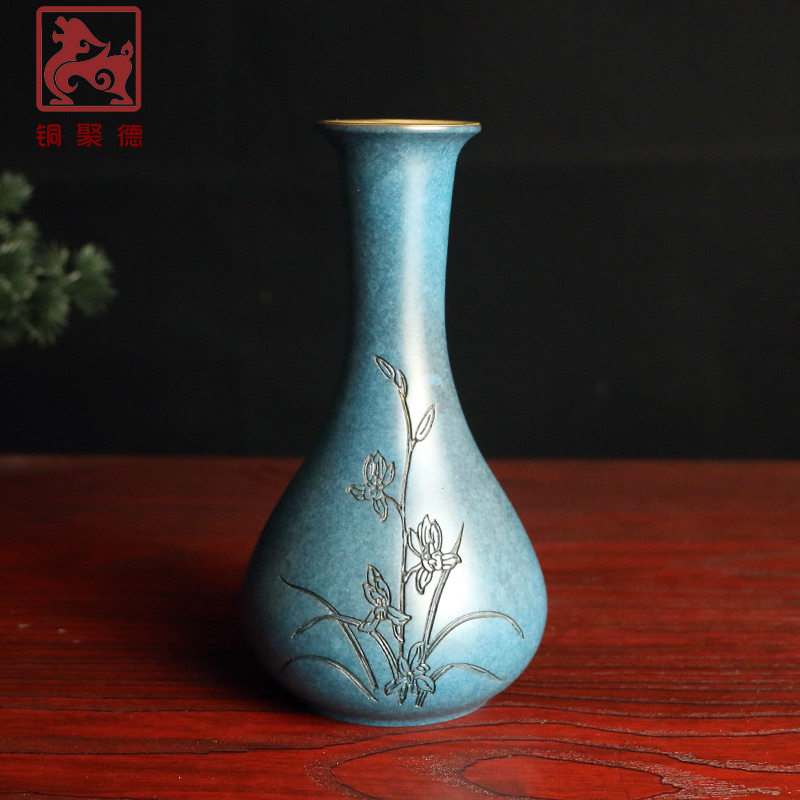 铜聚德 纯全铜花瓶摆件客厅插花干花花束现代中式家居装饰工艺品