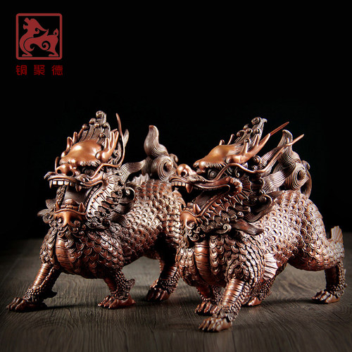 铜聚德纯紫铜威武麒麟乔迁摆件
