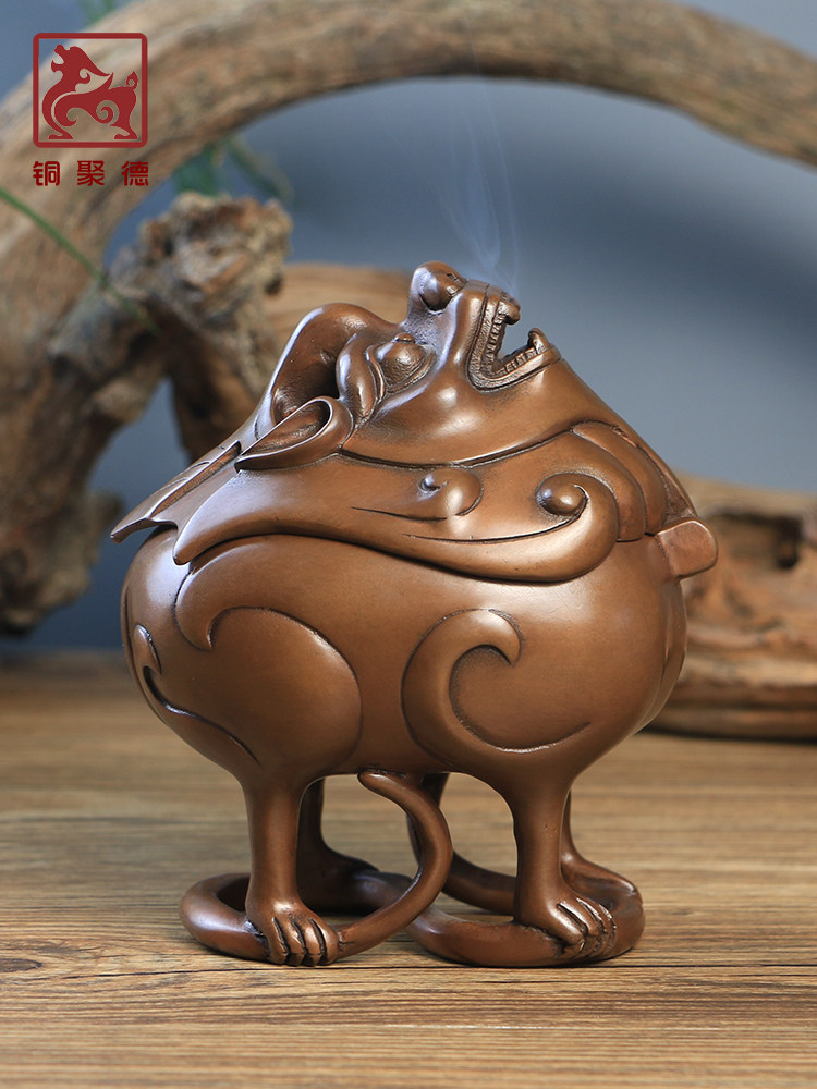 铜聚德纯紫铜狻猊熏炉茶道瑞兽甪端朝天吼貔貅彷古香炉装饰工艺品
