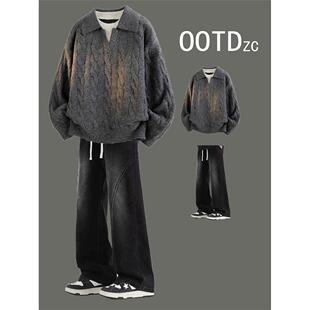 美式复古假两件拼接POLO领男生毛衣套装针织衫潮流青少年两件套男