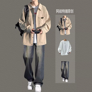 春秋潮流灯芯绒长袖衬衫男生套装痞帅学生早秋薄款初高中生三件套