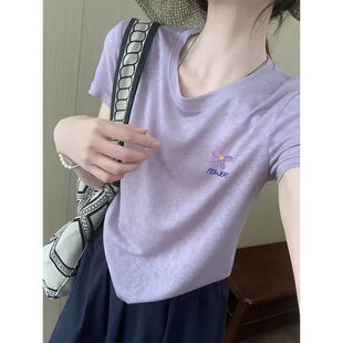 夏季ins潮牌短袖t恤女款雪花棉圆领简约休闲韩版上衣紫色百搭衣服