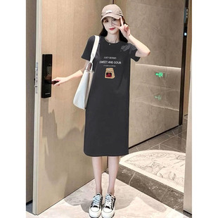韩系休闲风圆领短袖t恤过膝裙女显瘦百搭宽松腰连衣裙可外穿夏季