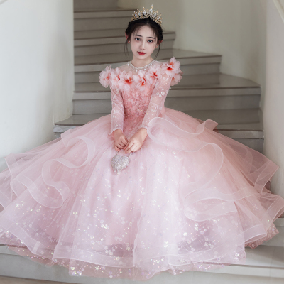 女童礼服主持人高端女孩粉色婚纱