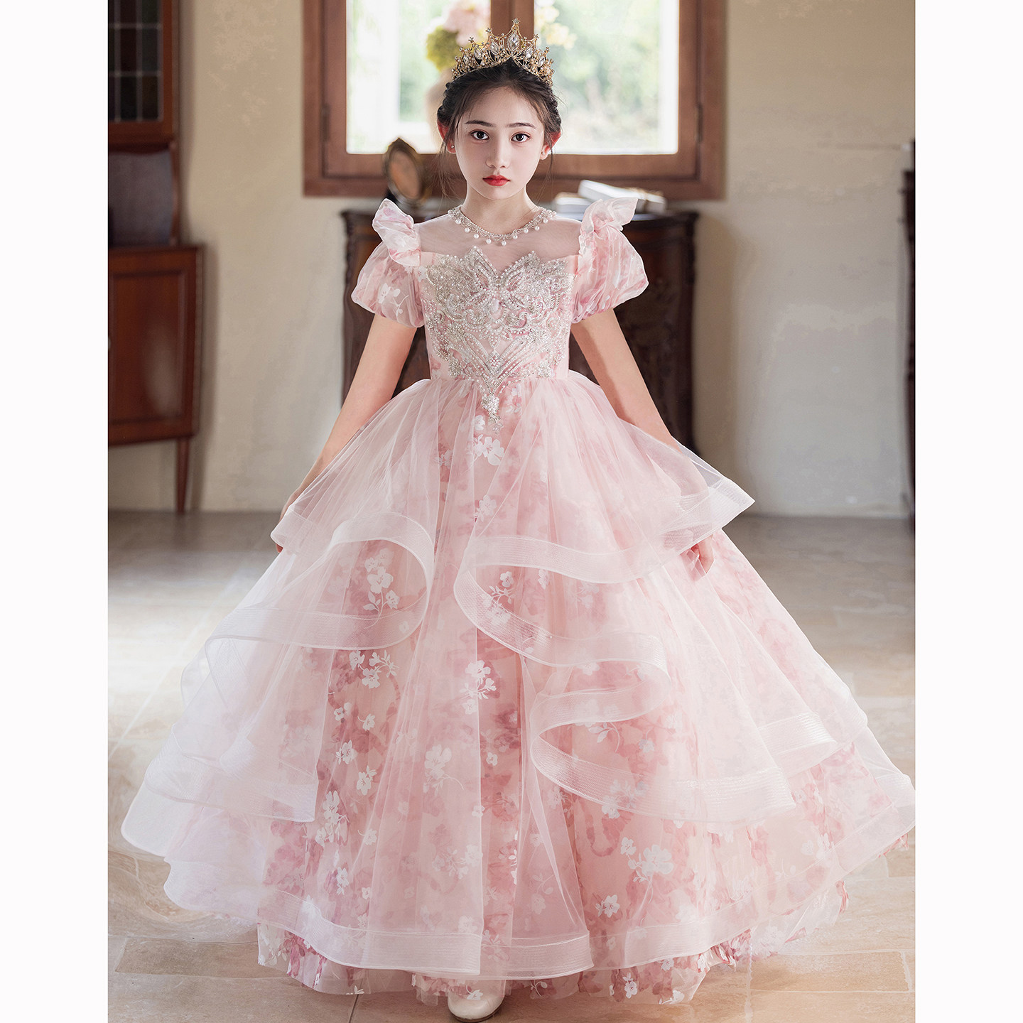 女童礼服粉色高端生日公主裙图片