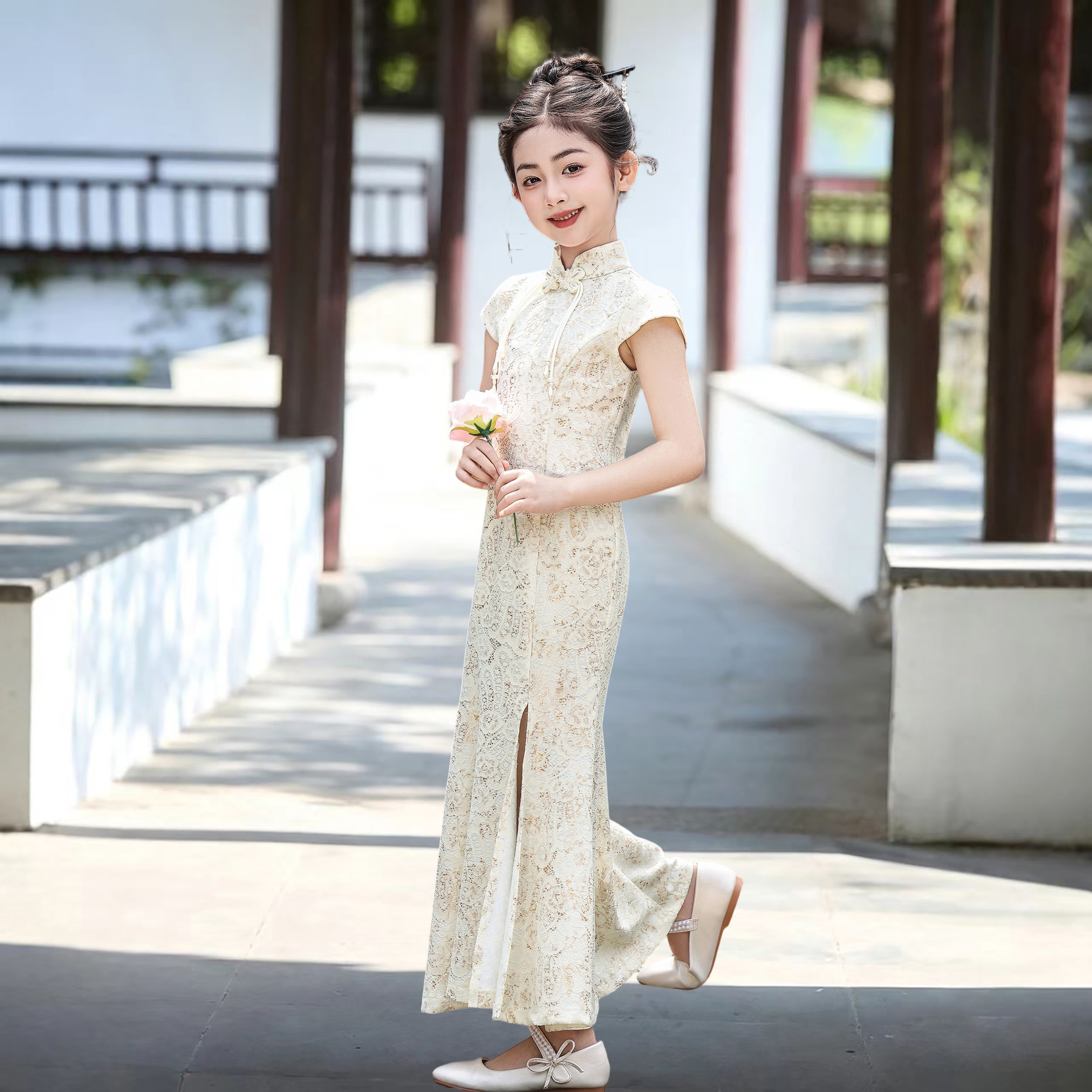 女童新中式鱼尾礼服裙儿童主持人图片
