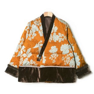 ROSS KANE国风V领袖水貂毛拼丝绒提花鹅绒羽绒服外套