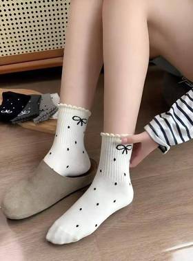 白色波点蝴蝶结袜子女春秋中筒夏季薄款全纯棉搭配小皮鞋花边短袜