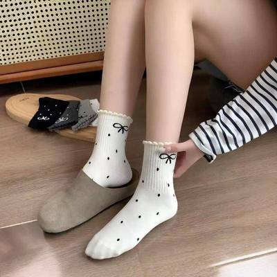 波点花边蝴蝶结短筒袜