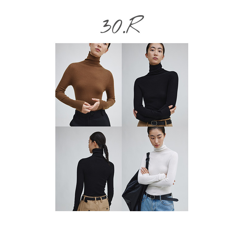 30.R自然系/一体成型18针桑蚕丝山羊绒可机洗抗起球堆堆领打底衫