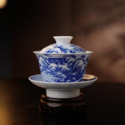 鸿少说瓷景德镇画堂春青花雪景图三才盖碗手绘纯手工