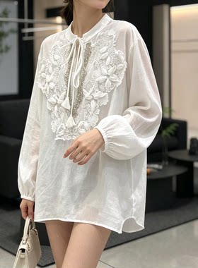 重工刺绣系带灯笼袖女款衬衫