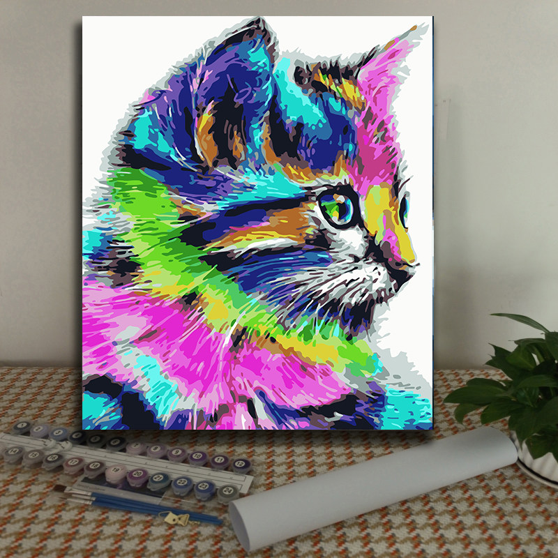 diy数字油画 可爱 猫咪 卡通动漫儿童手工简单涂鸦填色丙烯油彩画