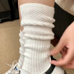 纯色堆堆袜子女春夏款棉袜中筒袜白色网红粗线针织慵懒风长筒袜