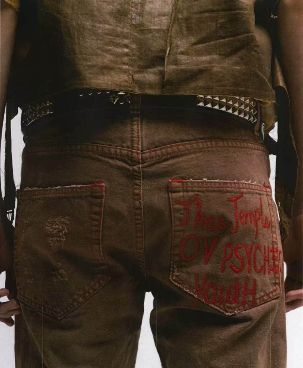 thumbnail for [Spot] ERD23FW black magic embroidered canvas ripped jeans trousers