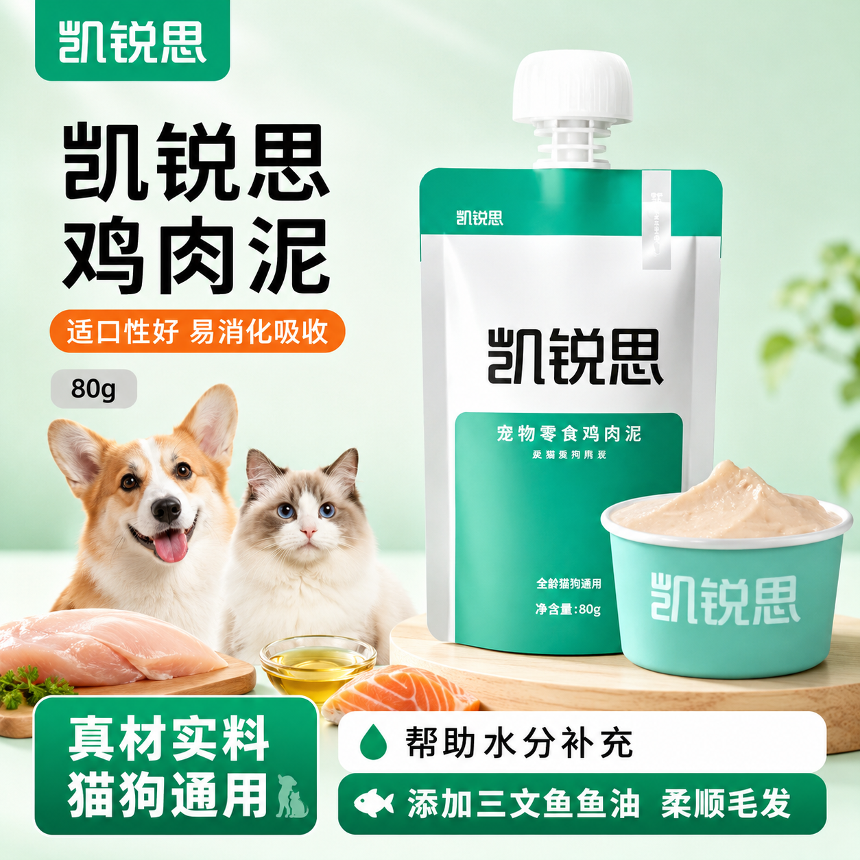 凯锐思猫狗通用鸡肉泥猫零食宠物泰迪英短比熊易消化营养补水80g