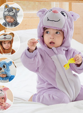 michley动物造型宝宝连体衣A类法兰绒婴儿爬服秋冬款连帽萌趣卡通