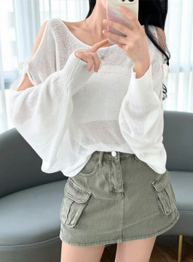韩国chic夏季系带镂空露肩宽松透视薄款防晒针织衫套头罩衫上衣女