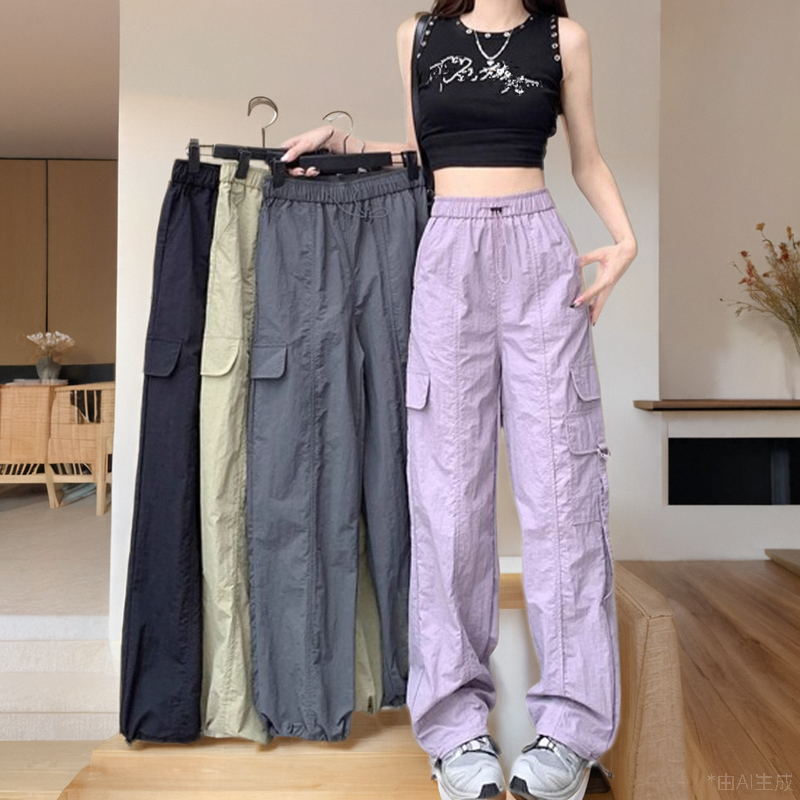 美式速干工装裤女夏季薄款高腰垂感阔腿裤休闲宽松束脚登山运动裤